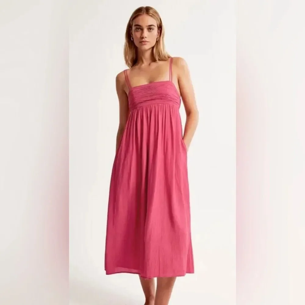 Abercrombie & Fitch Pink Babydoll Crinkle Textured Maxi Dress w/ Pockets Medium